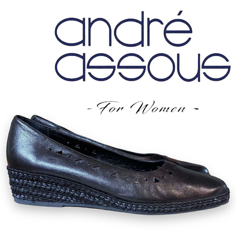 Andre Assous Spain Geometric Perforated Braided Trim Low Wedge Leather Shoes